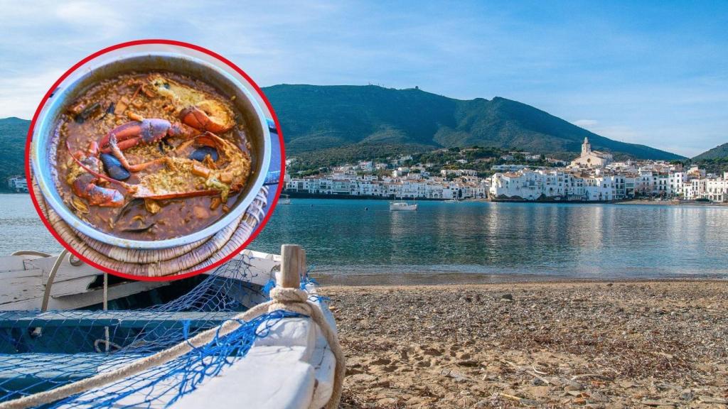 Fotomontaje Cadaqués y plato típico catalán