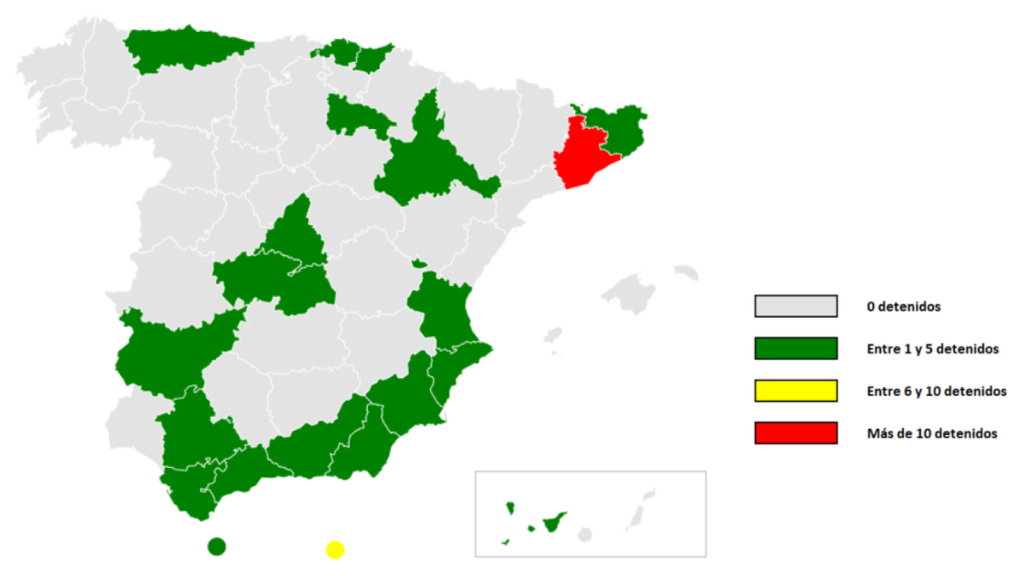 Mapa de detenciones de presuntos terroristas yihadistas en España este 2024