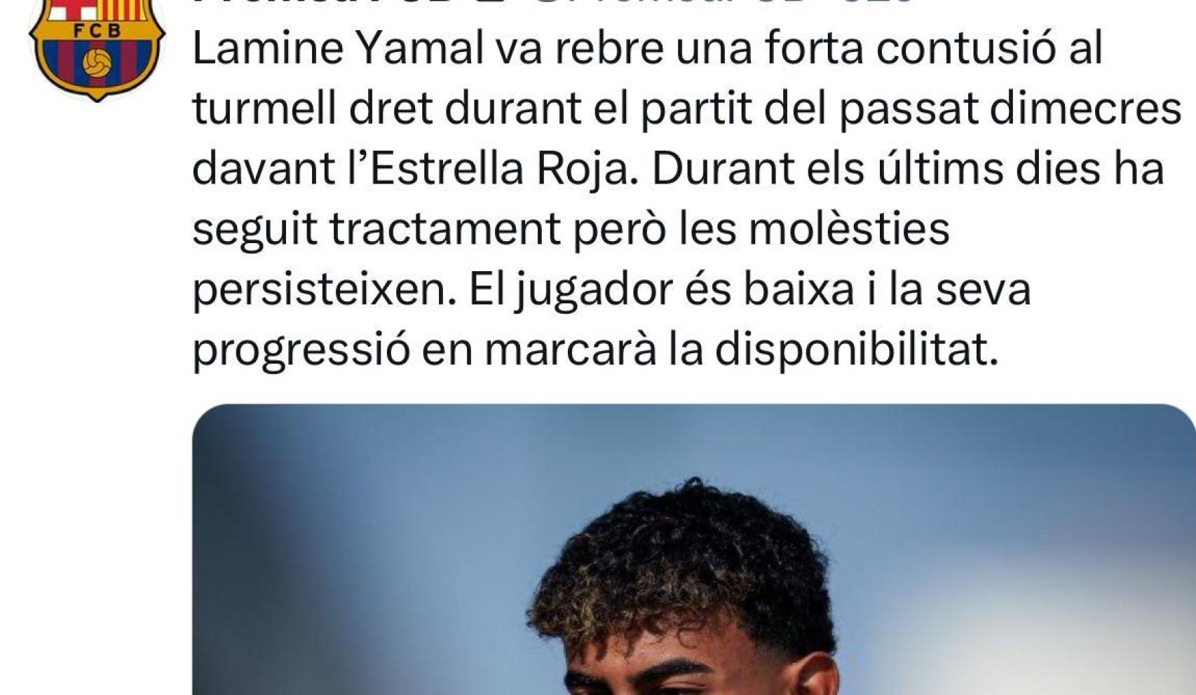 Comunicado médico del Barça sobre la baja de Lamine Yamal