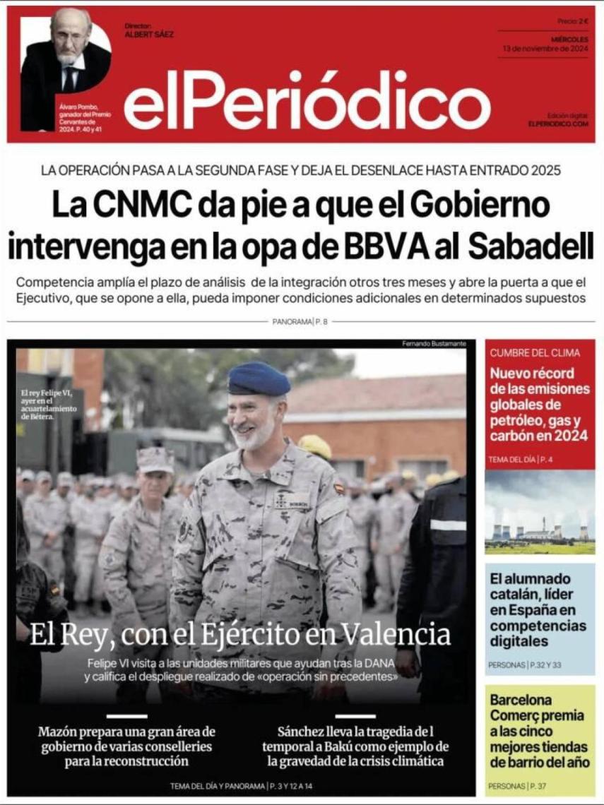 Portada de 'El Periódico' del 13 de noviembre