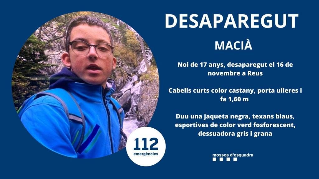 Macià, el joven de 17 años desaparecido en Reus