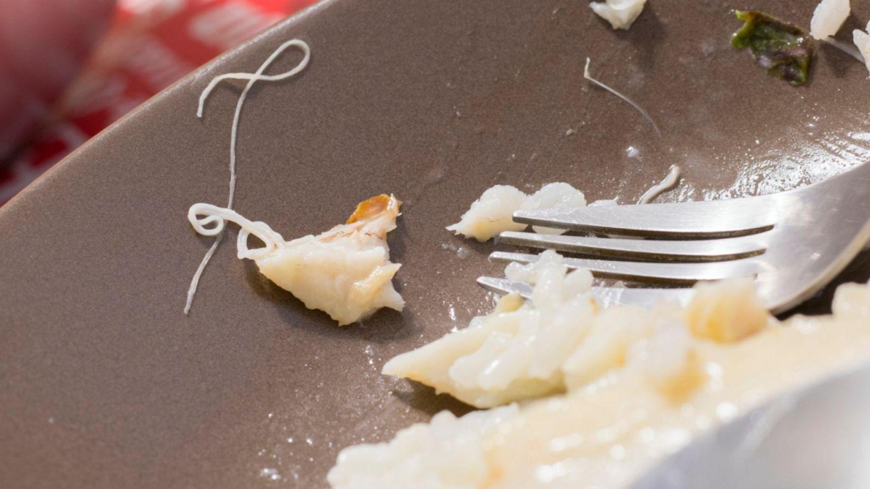 Restos de anisakis en un filete de bacalao