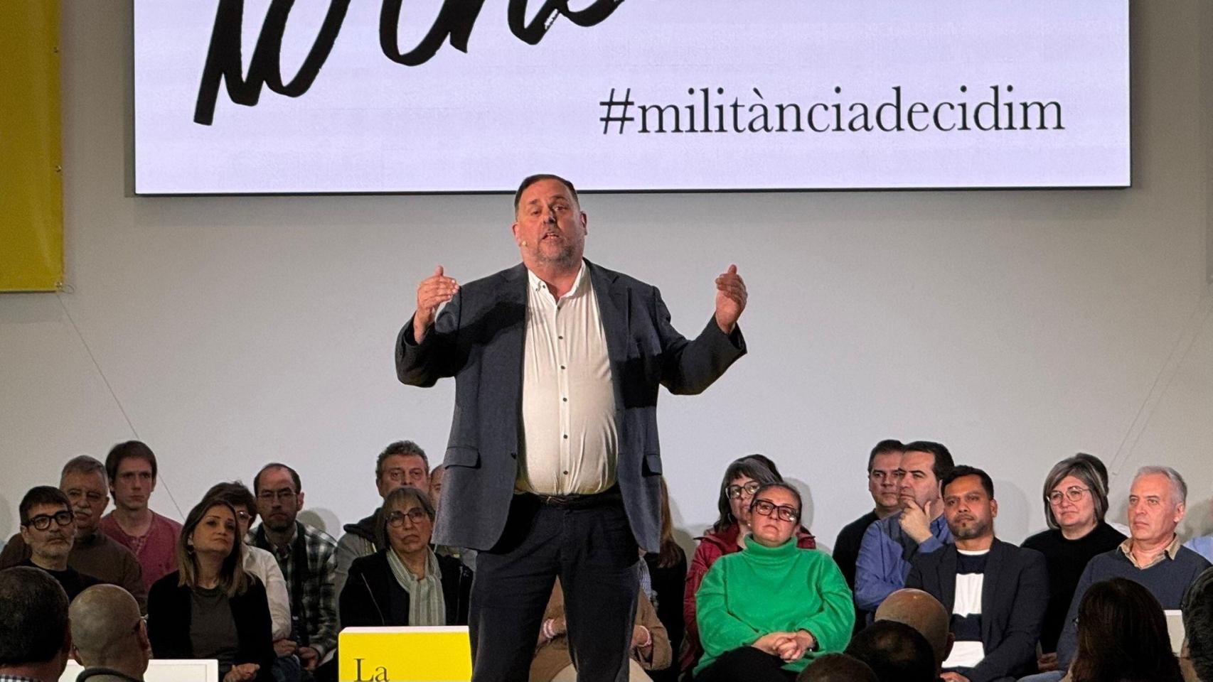 El expresidente de ERC y candidato a la reelección, Oriol Junqueras, en el acto central de 'Militància Decidim' en la TecnoCampus de Mataró (Barcelona)