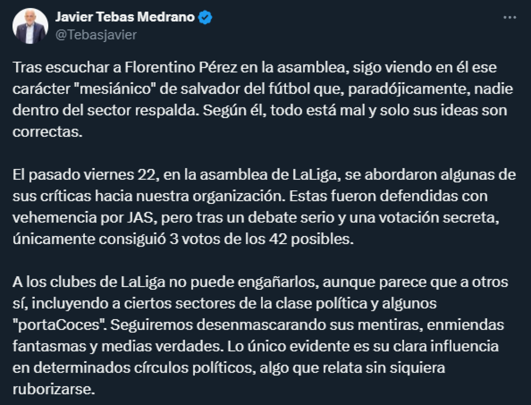 Javier Tebas ataca a Florentino Pérez en Twitter