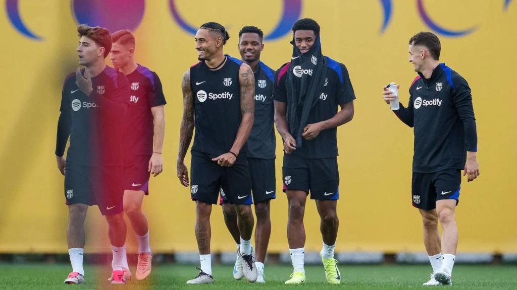 La alegría de los jugadores del Barça en un entrenamiento en la Ciutat Esportiva