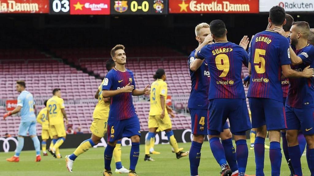 El Barça celebra la victoria contra Las Palmas en un Camp Nou sin afición