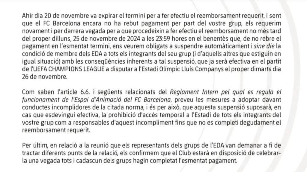 Comunicado del Barça enviado a los miembros de la Grada d'Animació en el que se amenaza con la disolución del colectivo