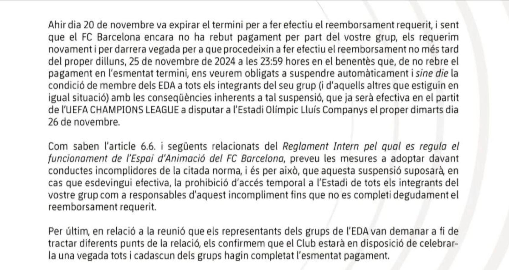 Comunicado del Barça enviado a los miembros de la Grada d'Animació en el que se amenaza con la disolución del colectivo