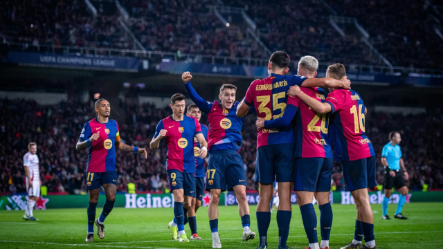 El Barça celebra el gol de Dani Olmo contra el Brest