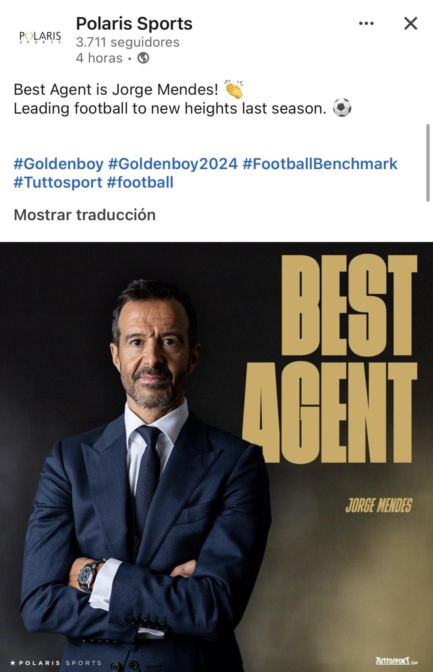 Jorge Mendes, nombrado mejor agente del mundo por 'Tuttosport'