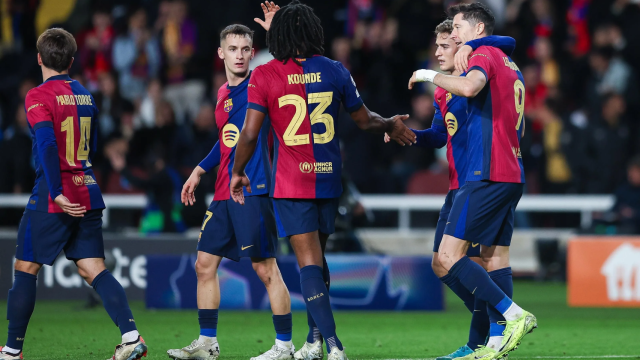 El Barça celebra el segundo gol de Lewandowski contra el Brest