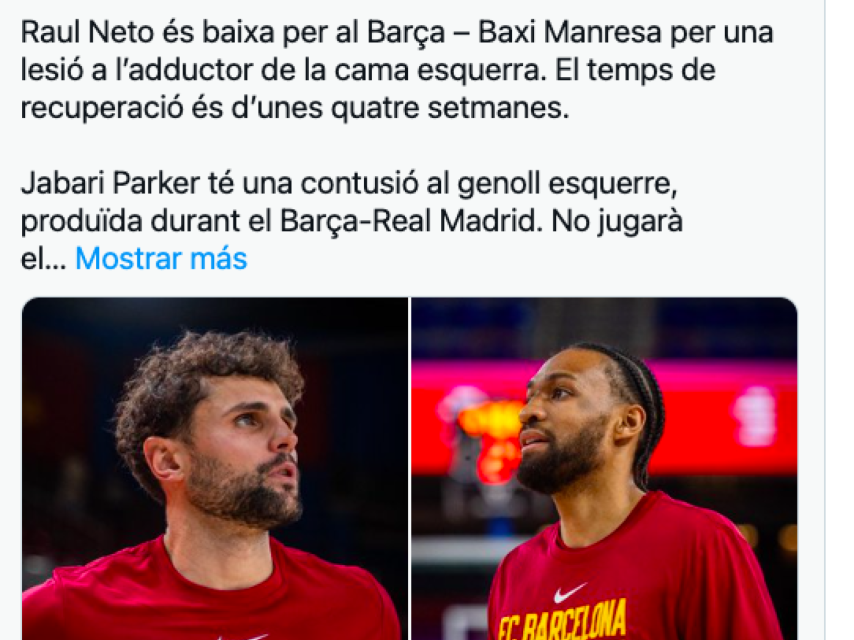 Tuit del Barça de baloncesto sobre las bajas de Parker y Neto