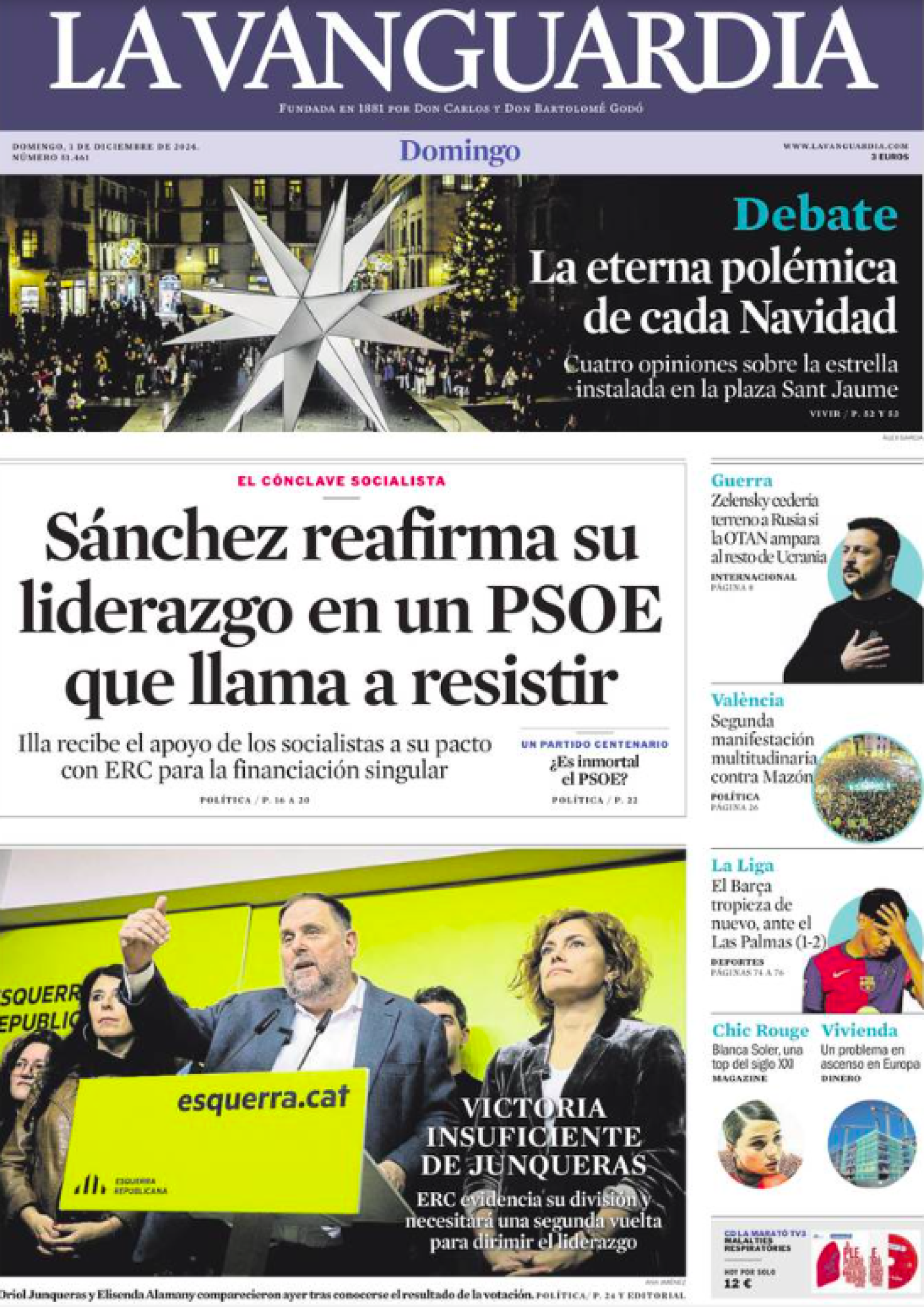 Portada de La Vanguardia, 1 de diciembre de 2024