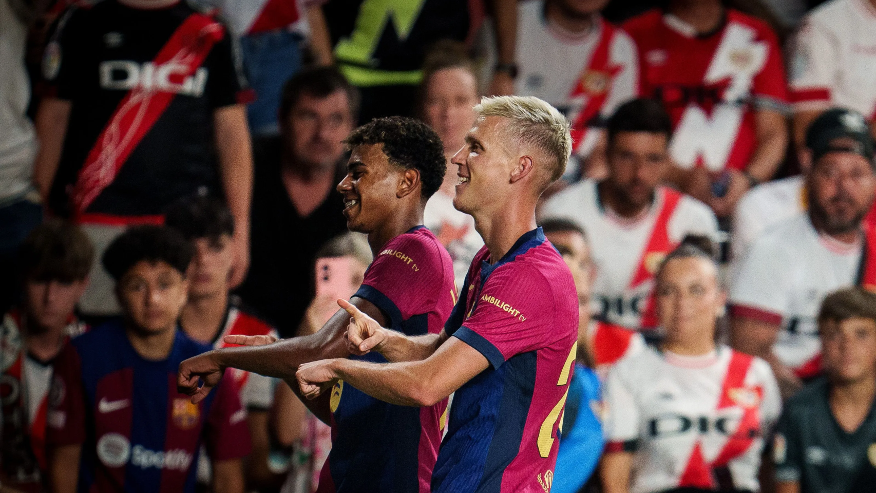 Dani Olmo hace su mítica celebración con Lamine Yamal tras marcar un gol al Rayo