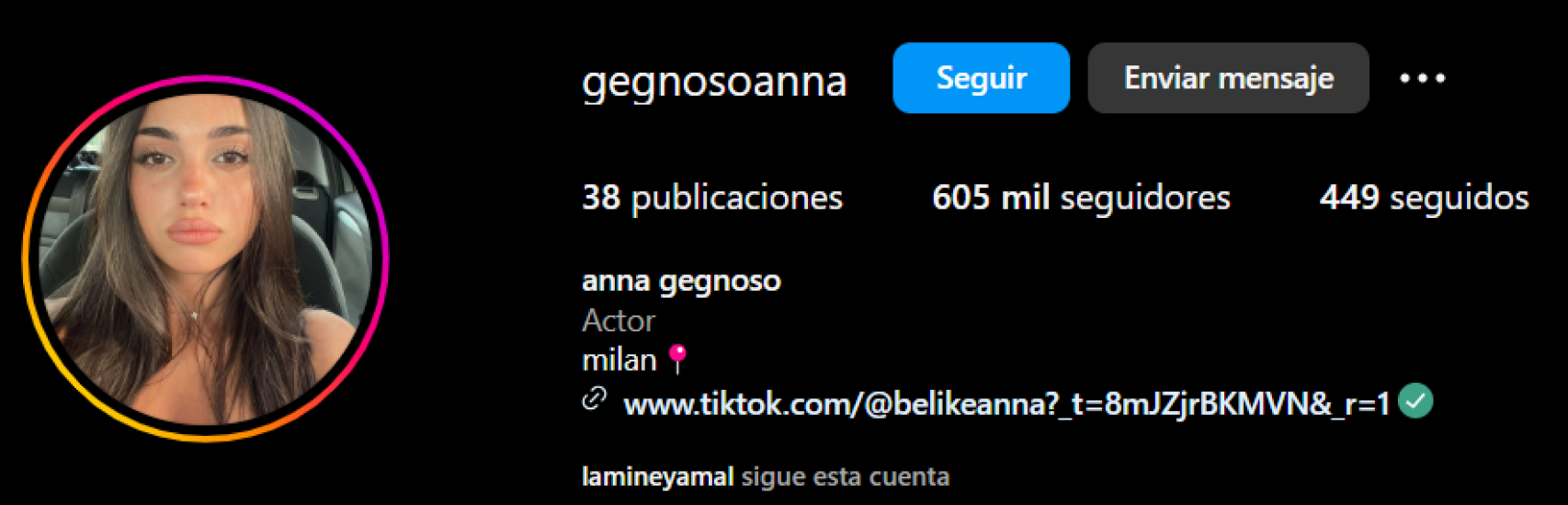 Perfil de Anna Gegnoso, modelo relacionada con Lamine Yamal, en Instagram