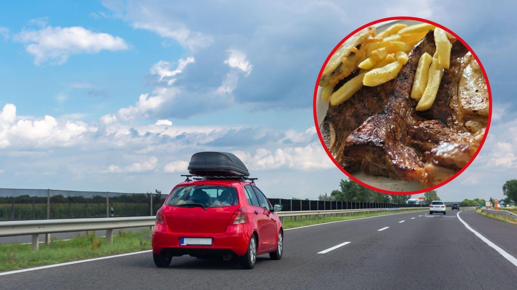 Fotomontaje comida y coche en la carretera