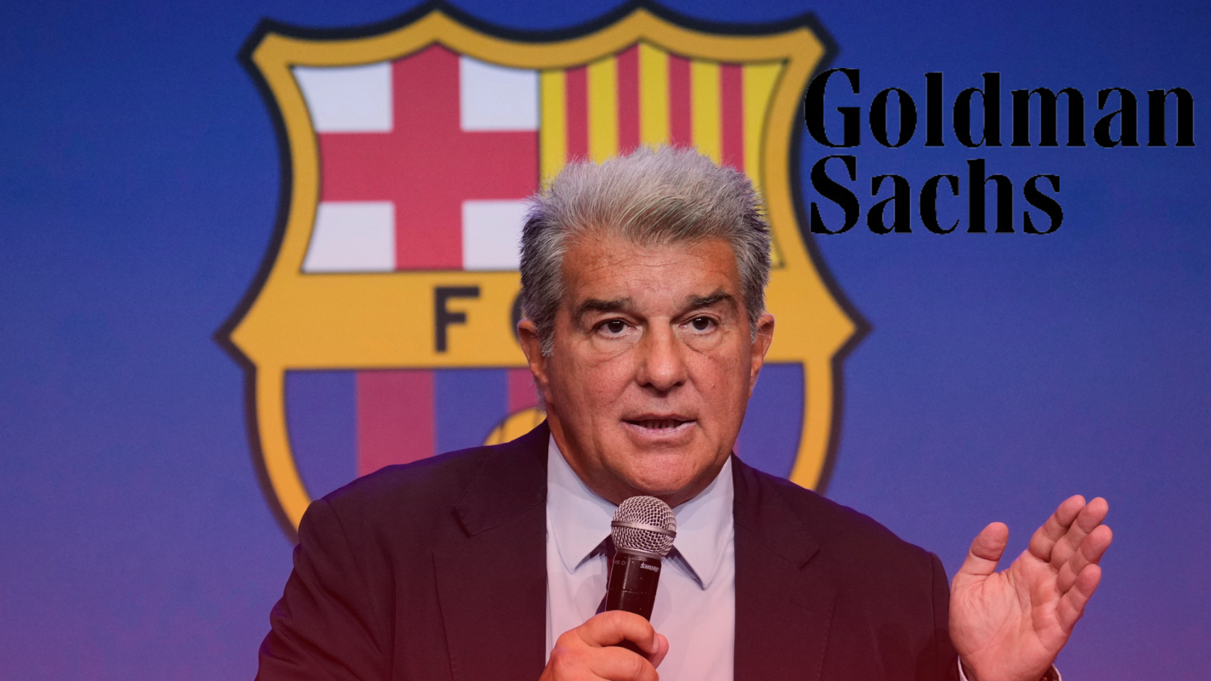 Joan Laporta, durante un acto del Barça, en un montaje con el logotipo de Goldman Sachs