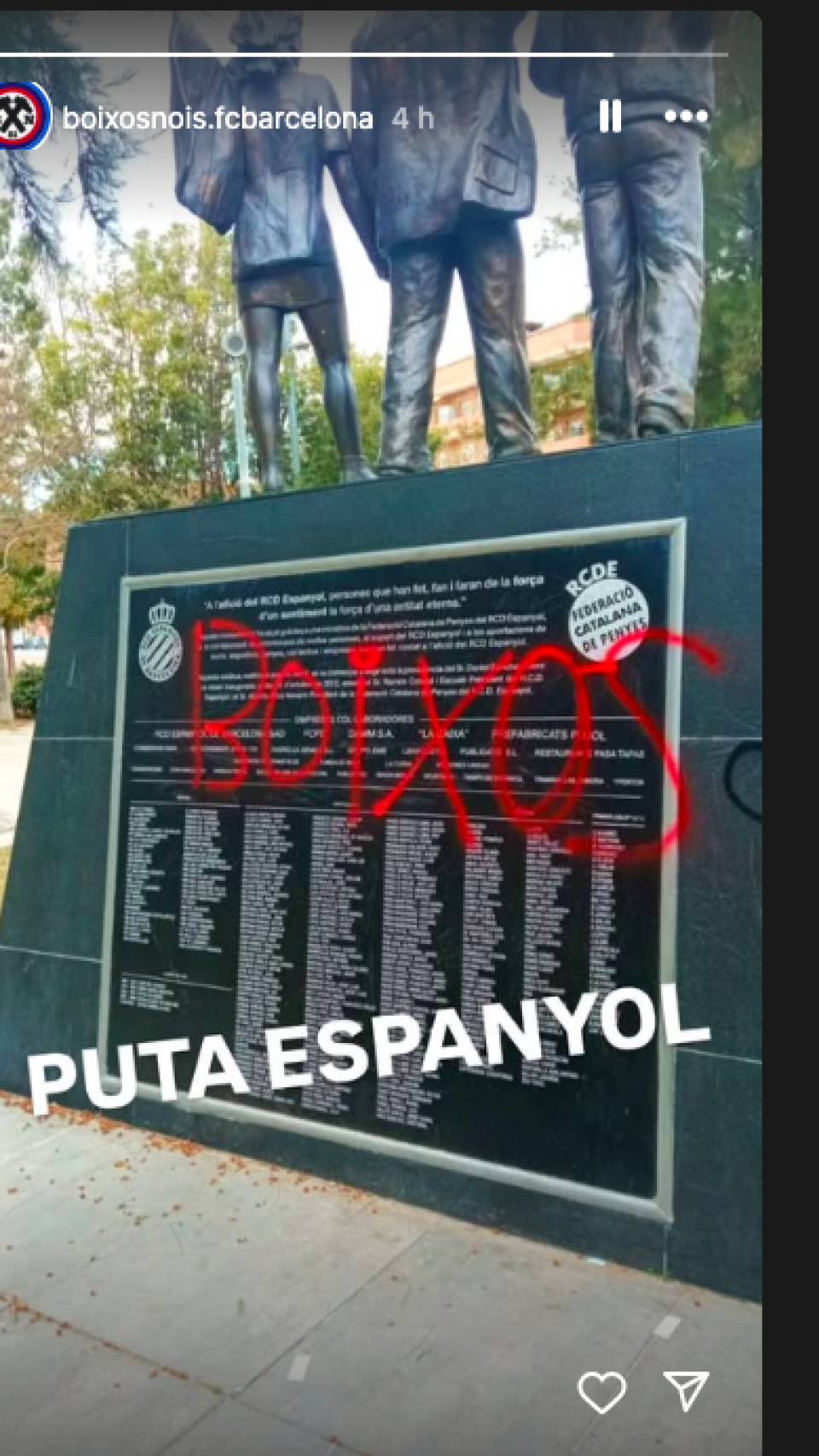 Los Boixos Nois pitan una estatua del Espanyol