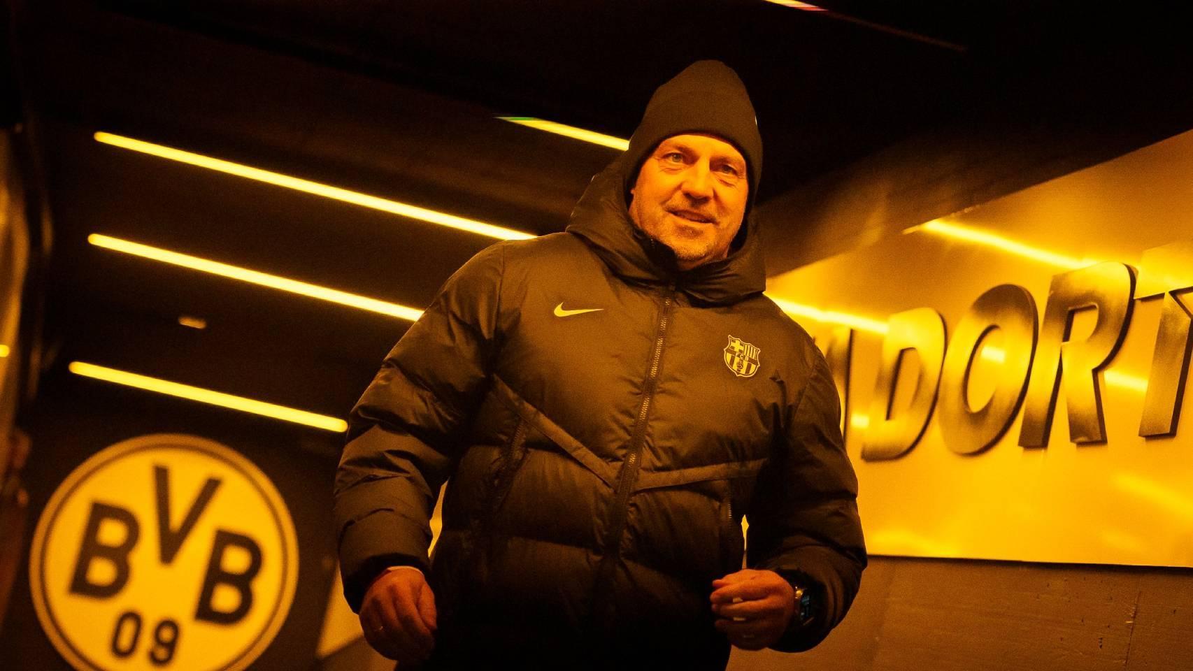 Hansi Flick, en el estadio del Borussia Dortmund, antes del entrenamiento del Barça