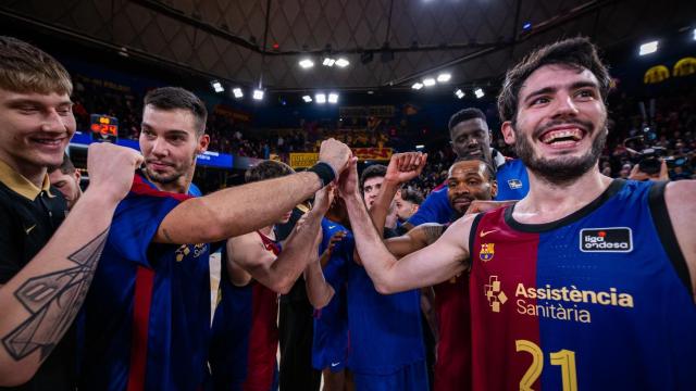 La celebración del Barça de basket después de una victoria en el Palau Blaugrana