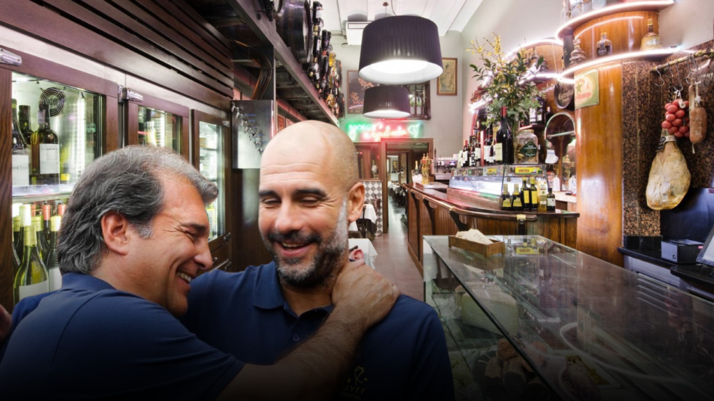 Joan Laporta y Pep Guardiola en un fotomontaje con la Bodega Sepúlveda