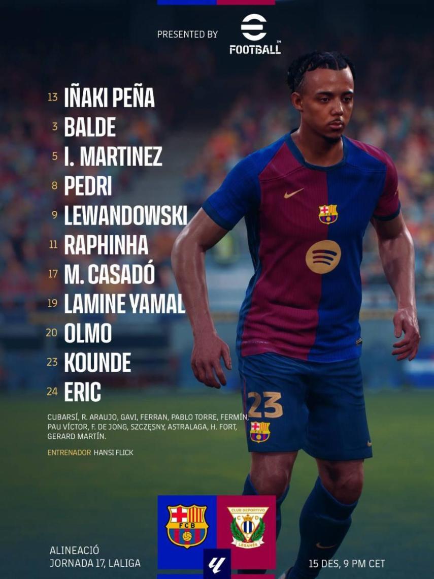 El once del FC Barcelona para enfrentarse al CD Leganés en Montjuïc