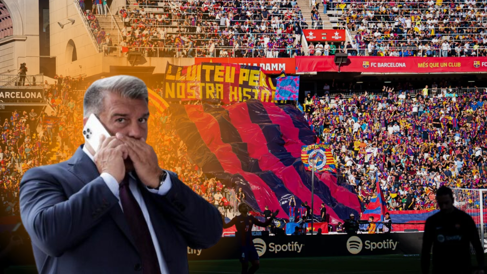 Joan Laporta y la Grada d'Animació en un fotomontaje