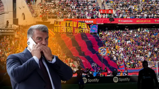 Joan Laporta y la Grada d'Animació en un fotomontaje