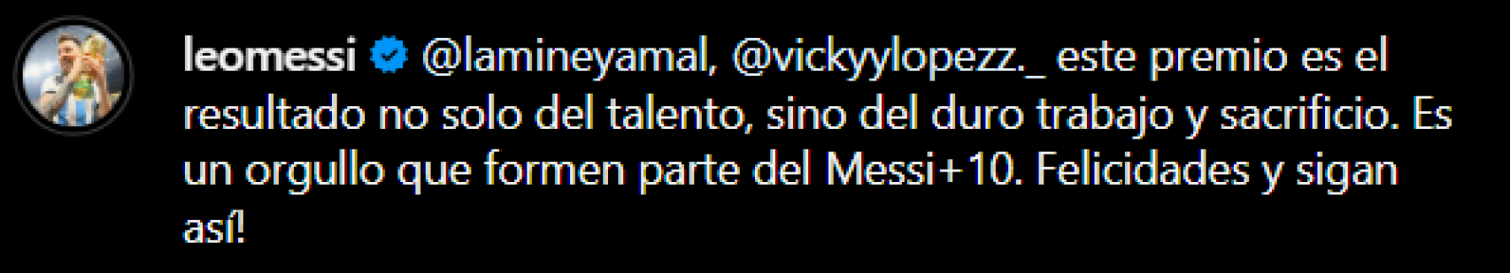 Mensaje de Leo Messi a Lamine Yamal y Vicky López después de ganar el Golden Boy y el Golden Girl, respectivamente