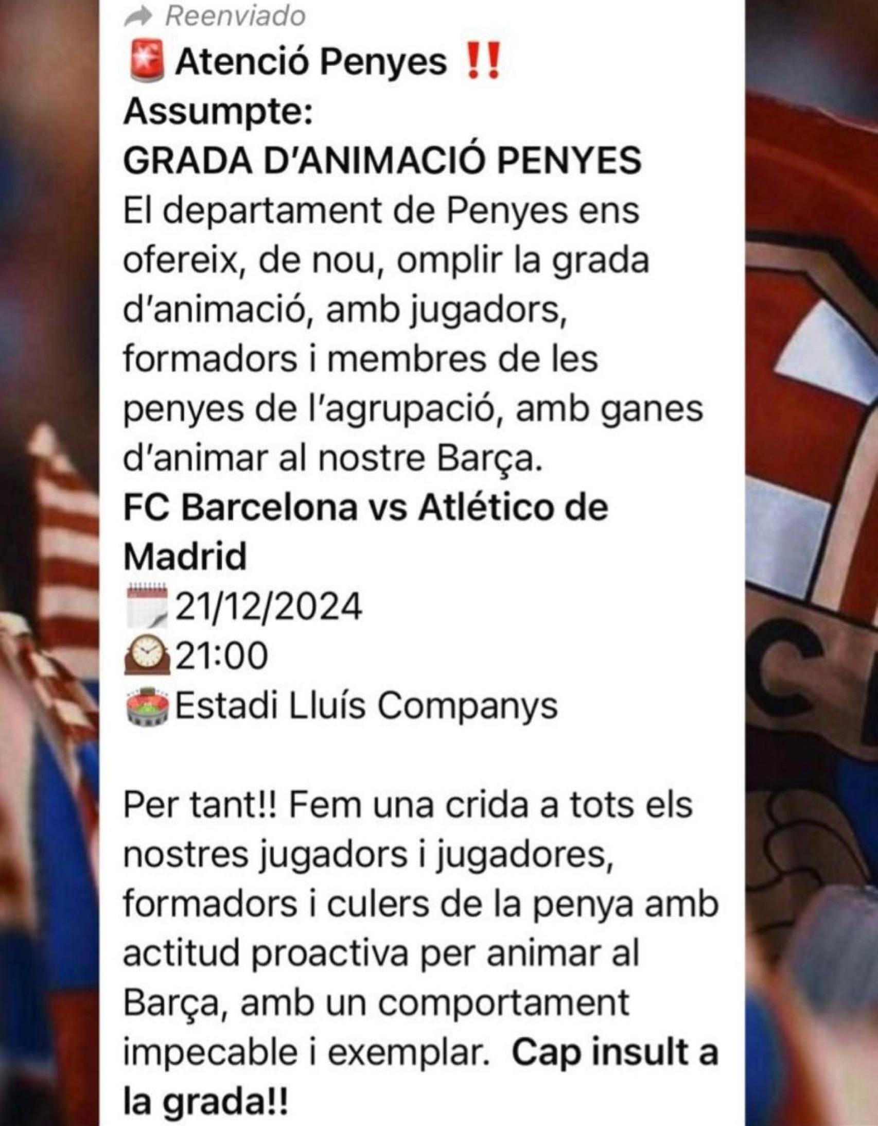 Mensaje hacia la Agrupació de Penyes de Futbol para ir al Barça-Atlético