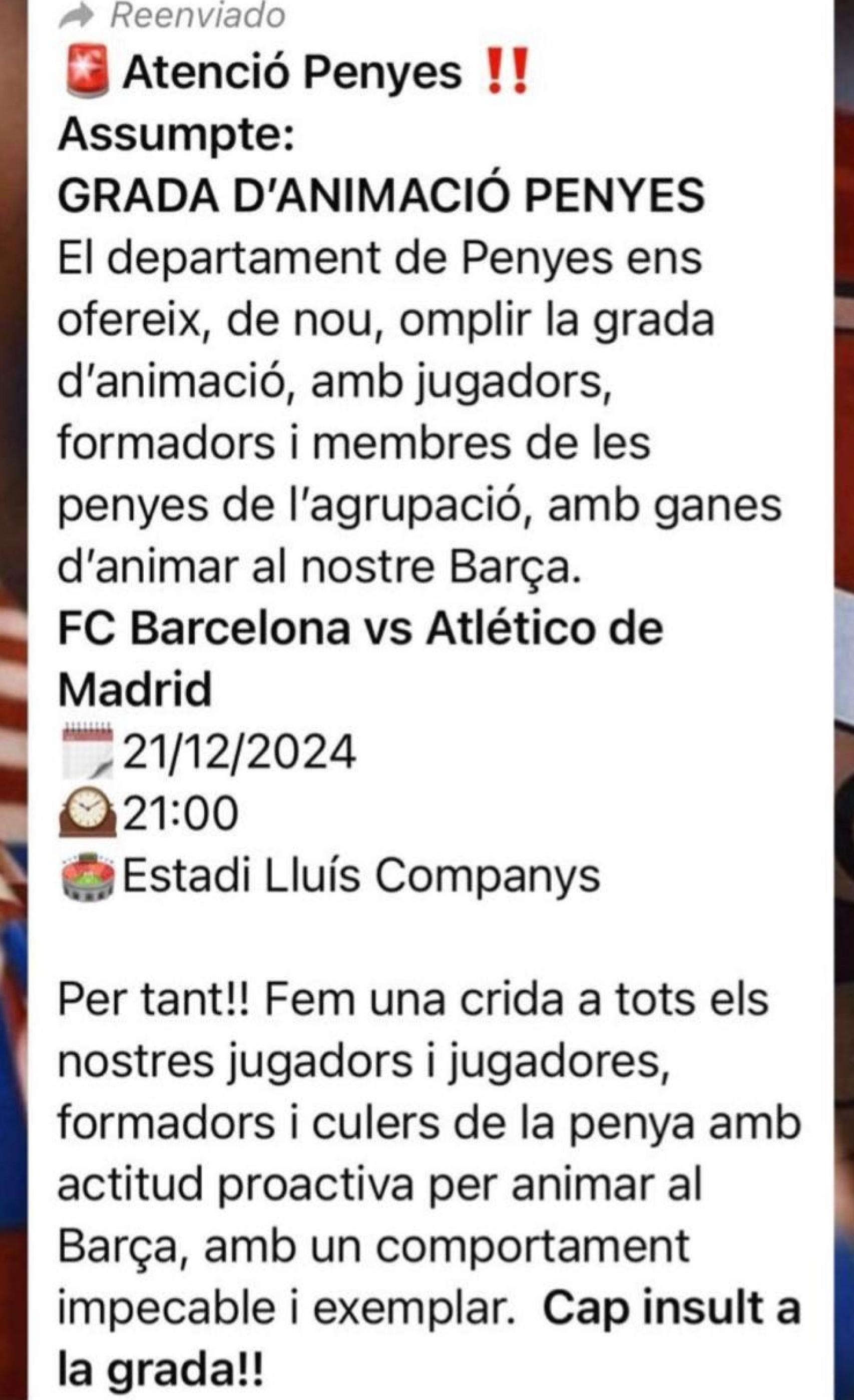 Mensaje hacia la Agrupació de Penyes de Futbol para ir al Barça-Atlético