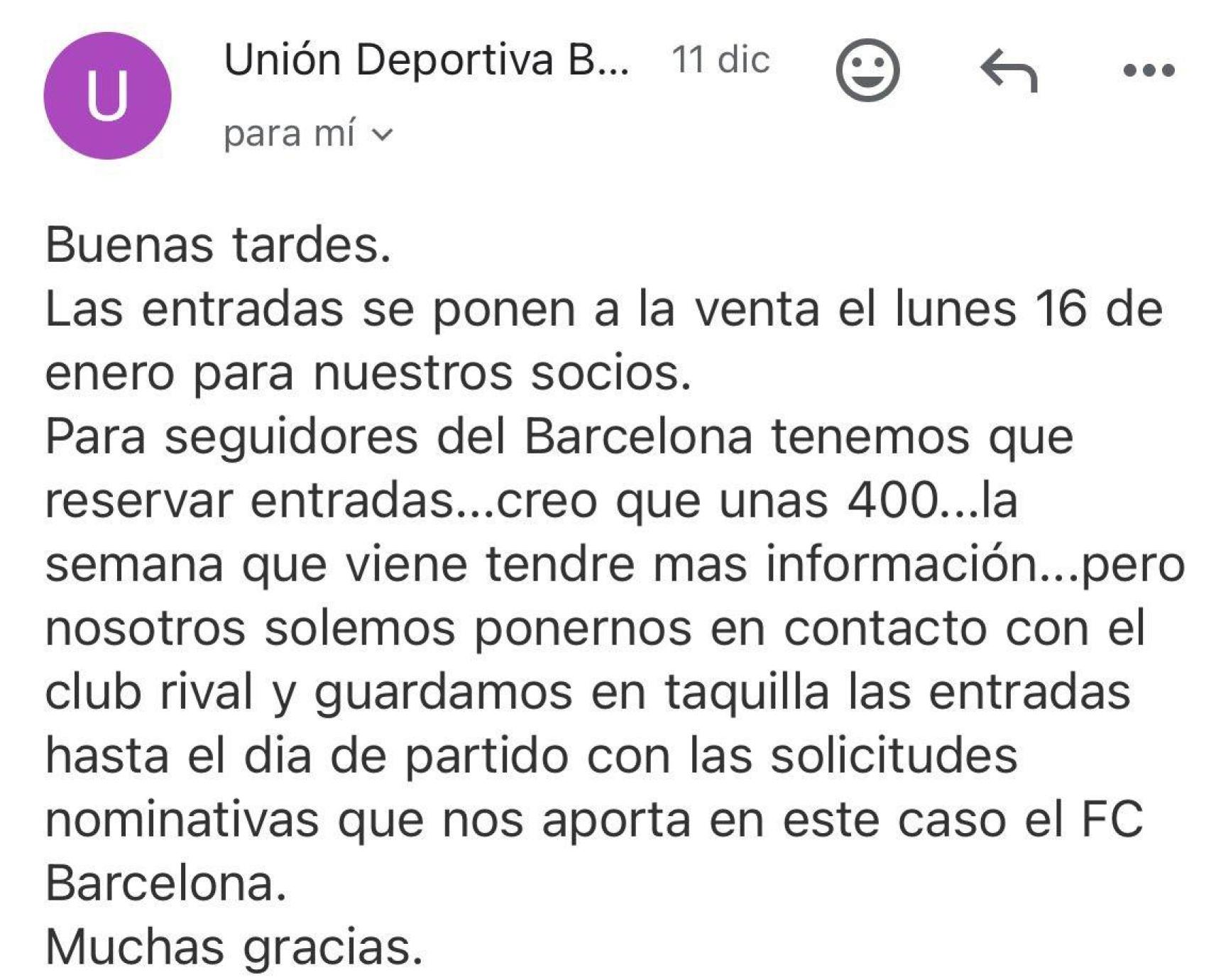 Correo del Barbastro a un socio del Barça que pregunta por entradas