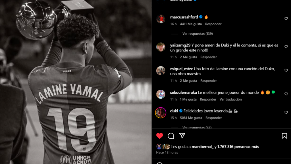 Comentario de Marcus Rashford en el Instagram de Lamine Yamal