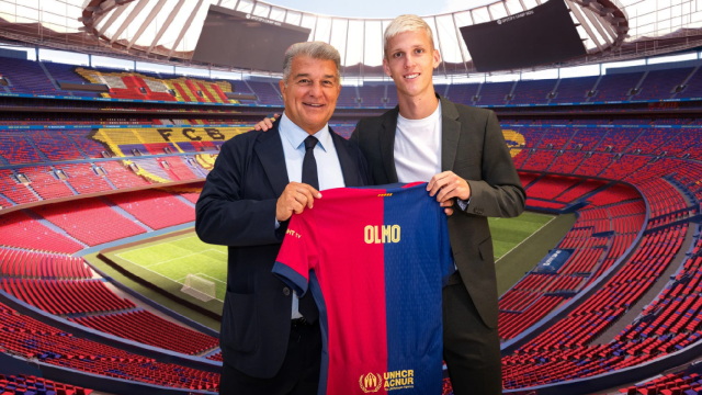 Joan Laporta y Dani Olmo, en un montaje con el futuro Camp Nou de fondo