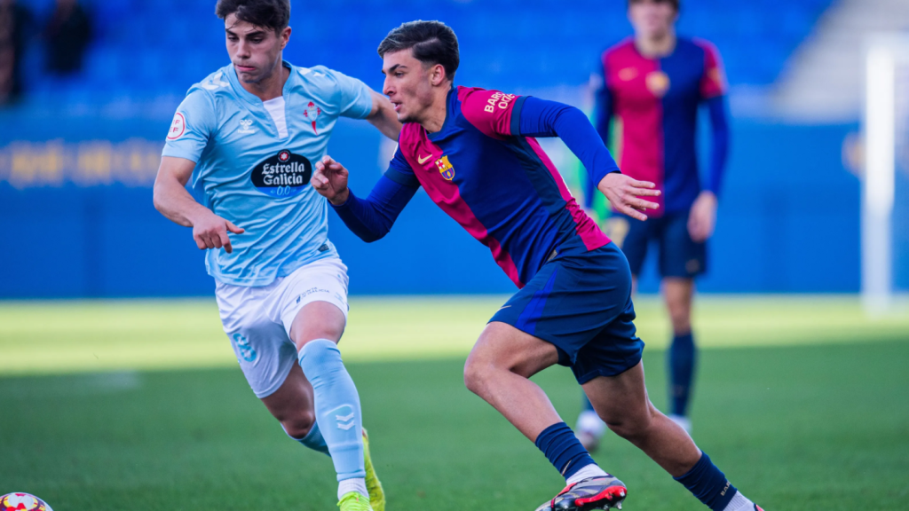 Guille Fernández, en acción durante el Barça B-Celta Fortuna en el Estadi Johan Cruyff