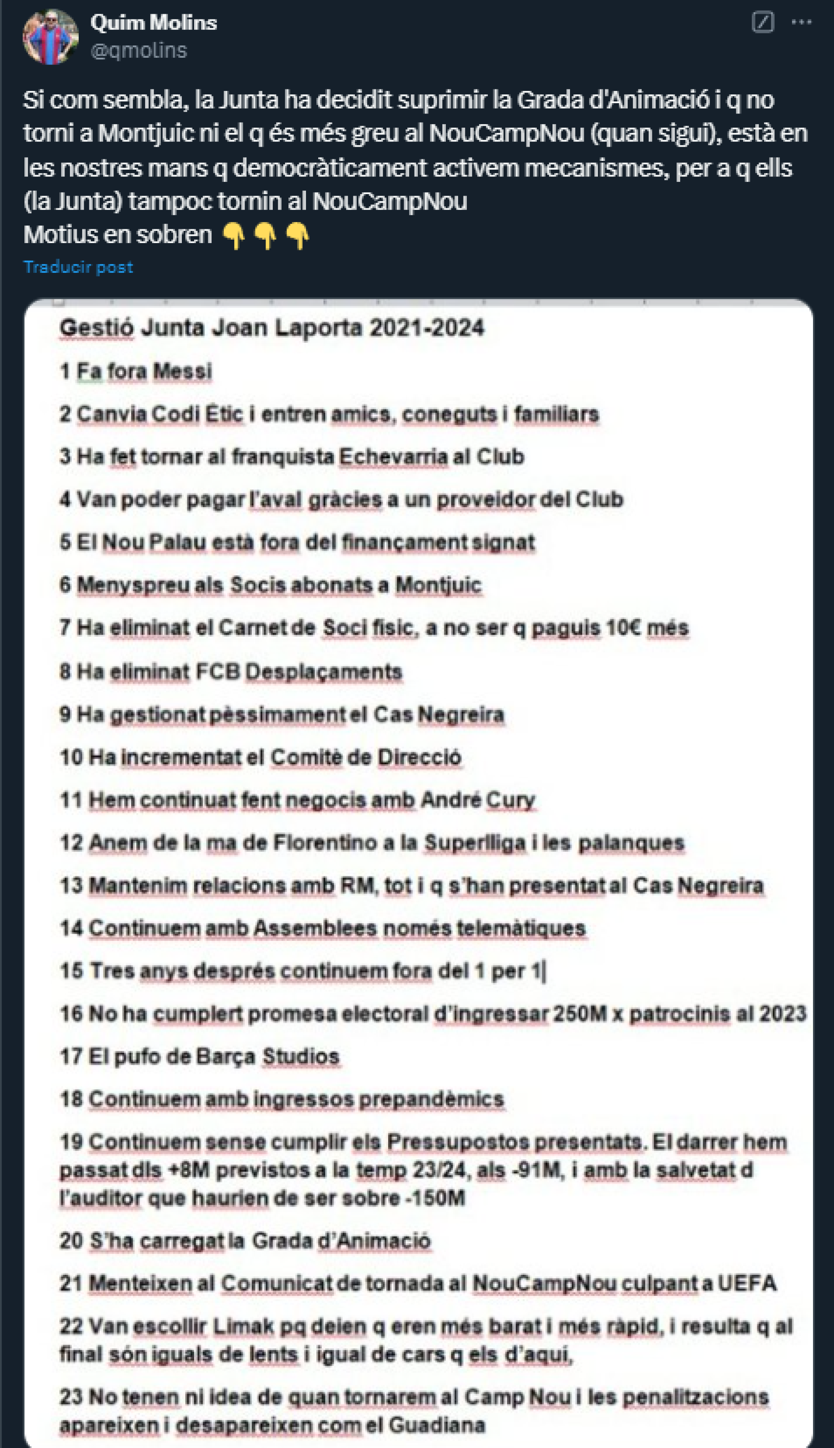 Los 23 motivos de Quim Molins para pedir una moción de censura a Laporta