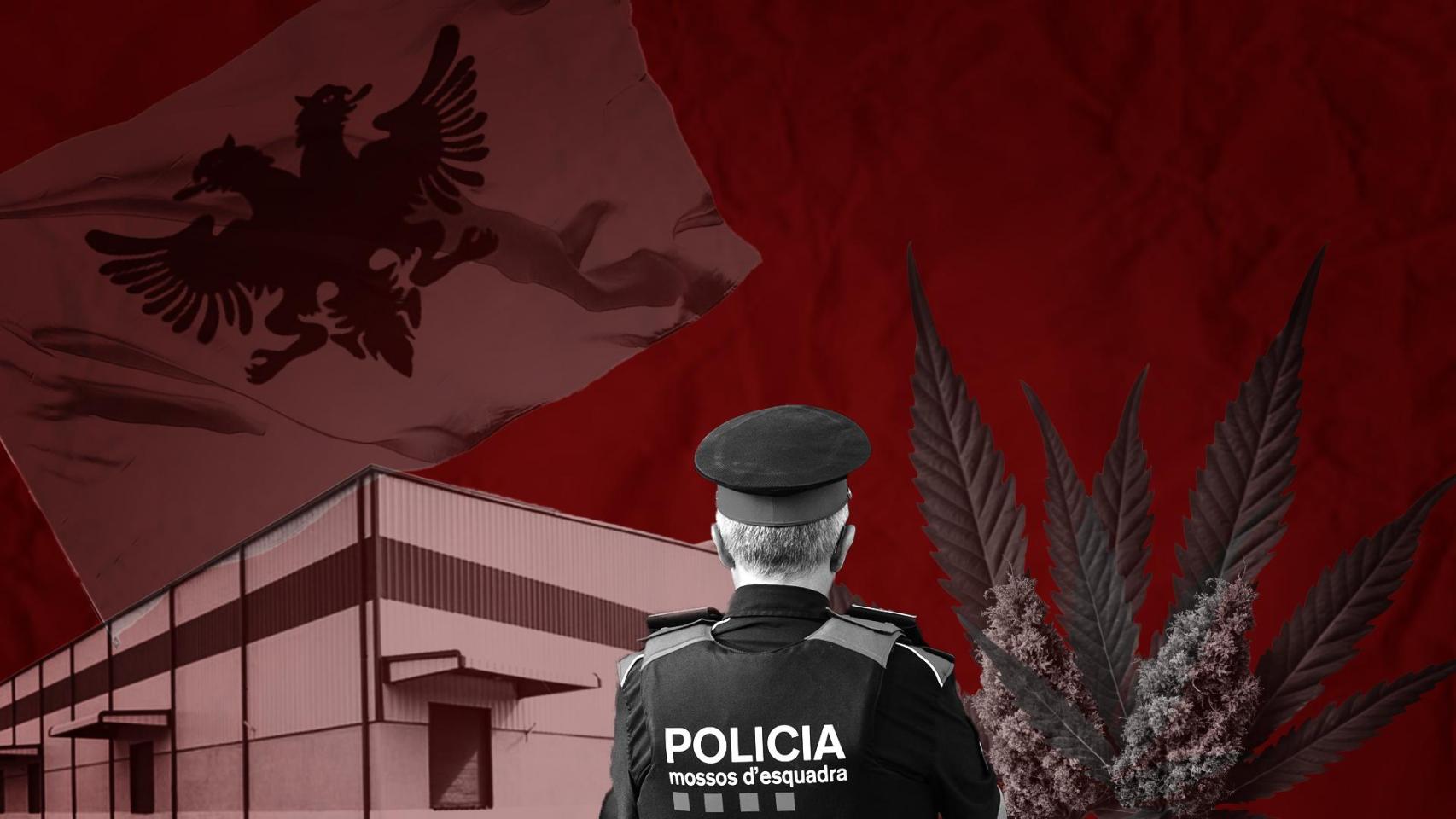 Fotomontaje de un agente de Mossos ante una nave industrial y hojas de marihuana