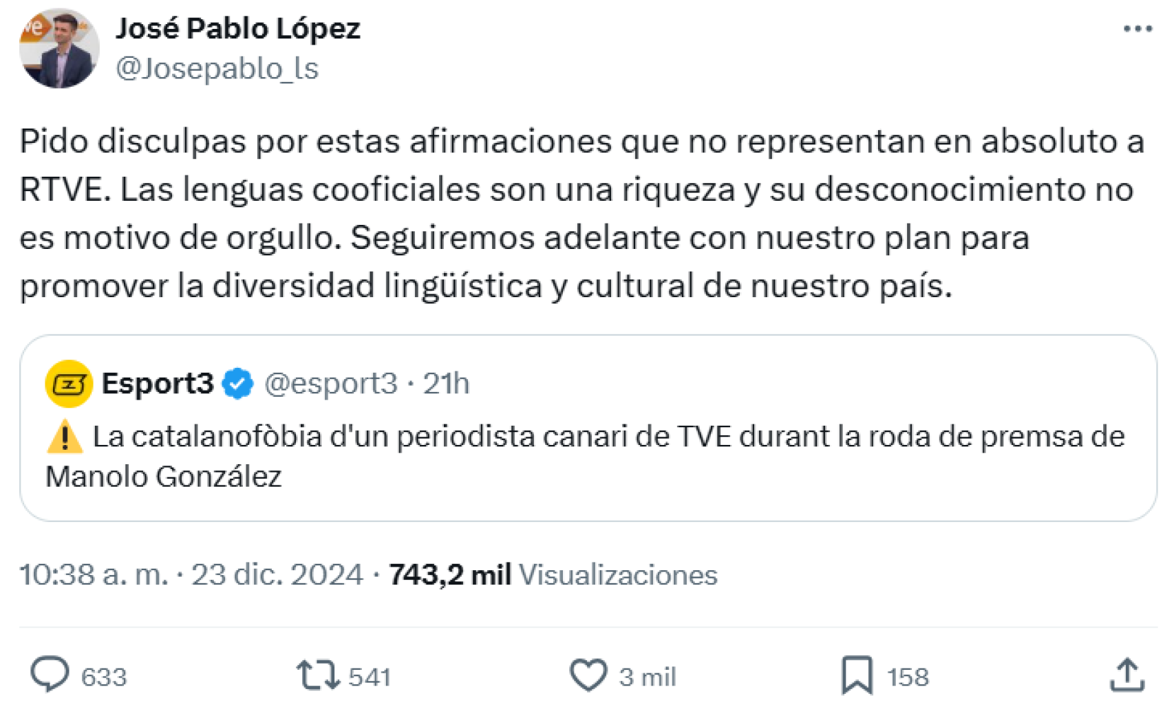 El presidente de RTVE, José Pablo López, pide perdón por el comentario catalanófobo de un periodista ante Manolo González y el RCD Espanyol