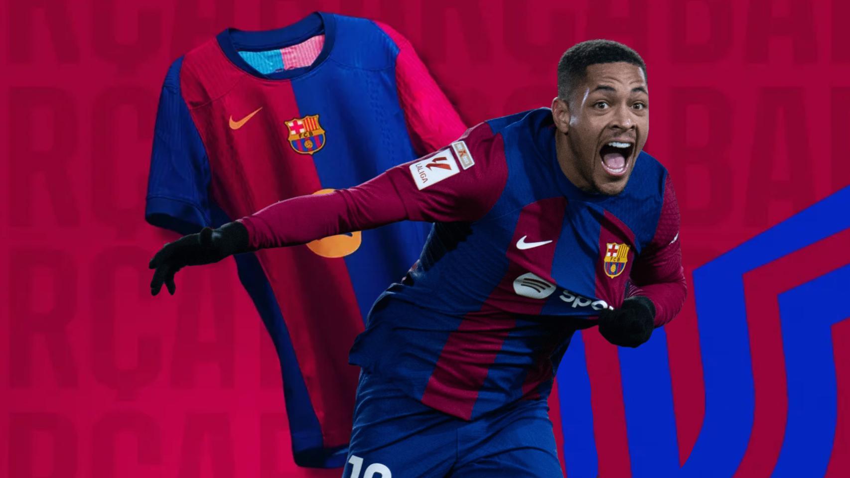 Vitor Roque, delante de la camiseta diseñada por Nike para el Barça 2024-25