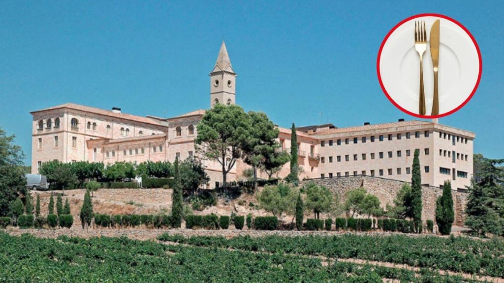 Fotomontaje Monasterio de Bellpuig de les Avellanes y cubiertos