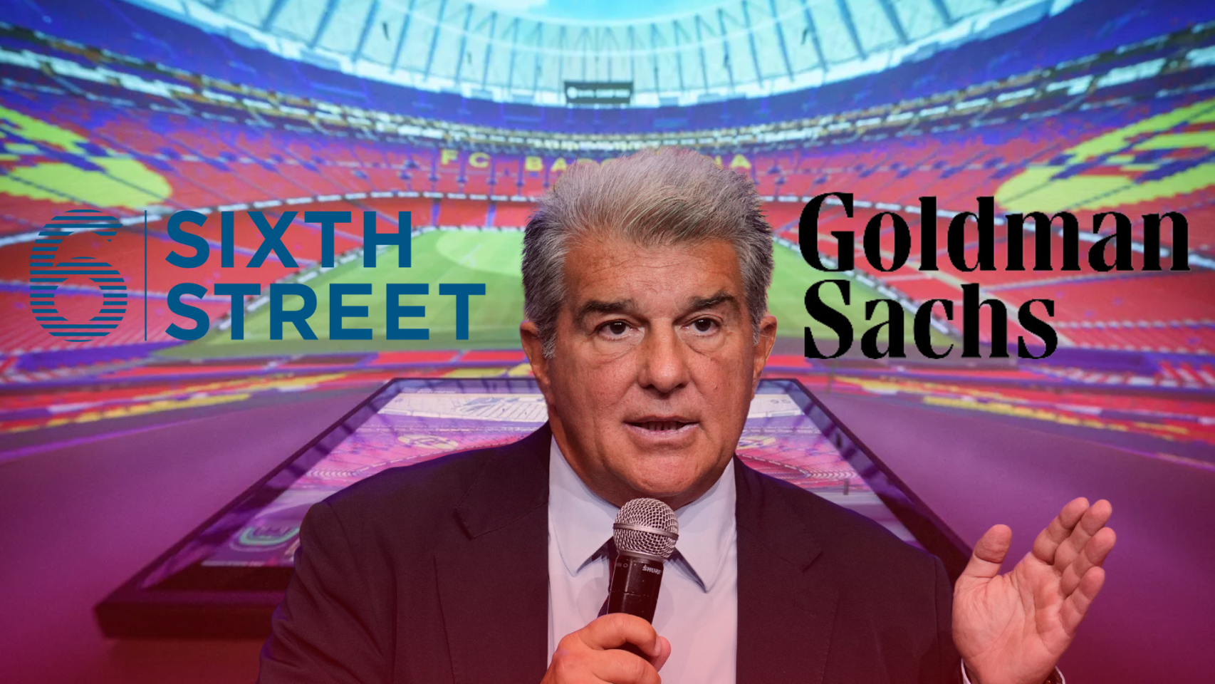 Joan Laporta, el diseño del futuro Camp Nou, y los logotipos de Sixth Street y Goldman Sachs, en un montaje