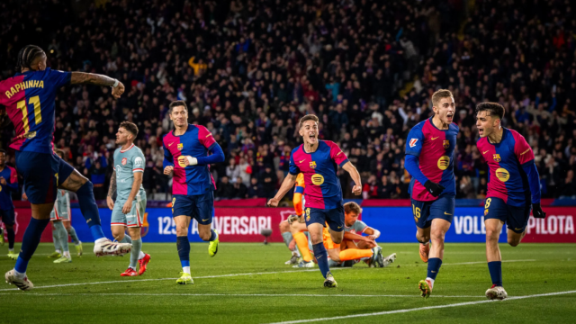 Raphinha, Lewandowski, Gavi y Fermín celebran el gol de Pedri contra el Atlético de Madrid