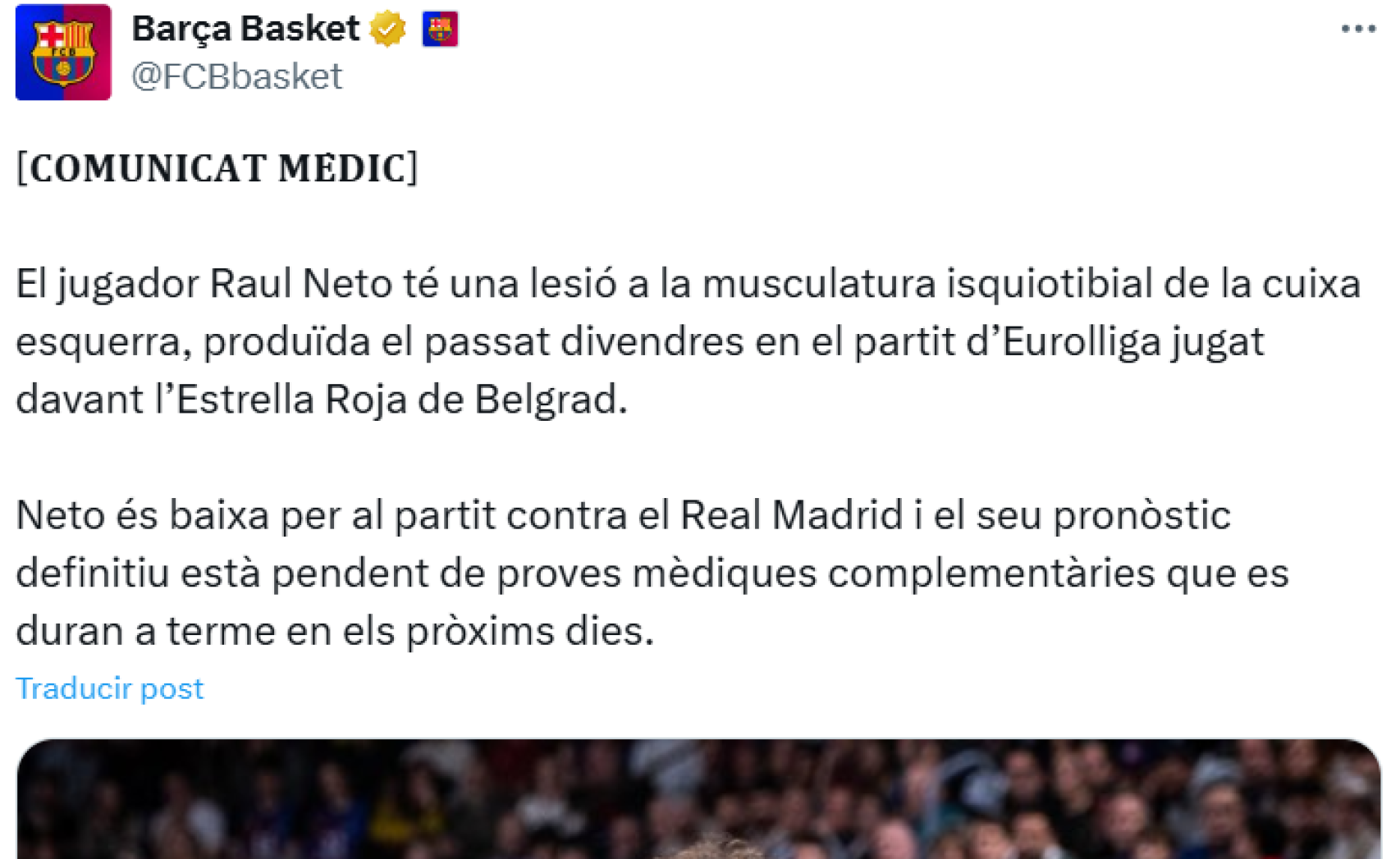 El Barça de basket anuncia la segunda lesión de Raul Neto tras dos partidos