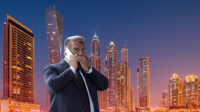 El presidente del Barça, Joan Laporta, en un montaje con la ciudad de Dubai