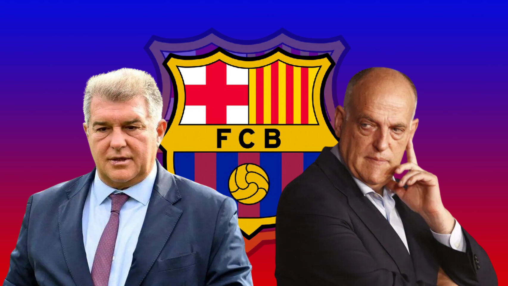 Joan Laporta y Javier Tebas con el escudo del Barça en un fotomontaje