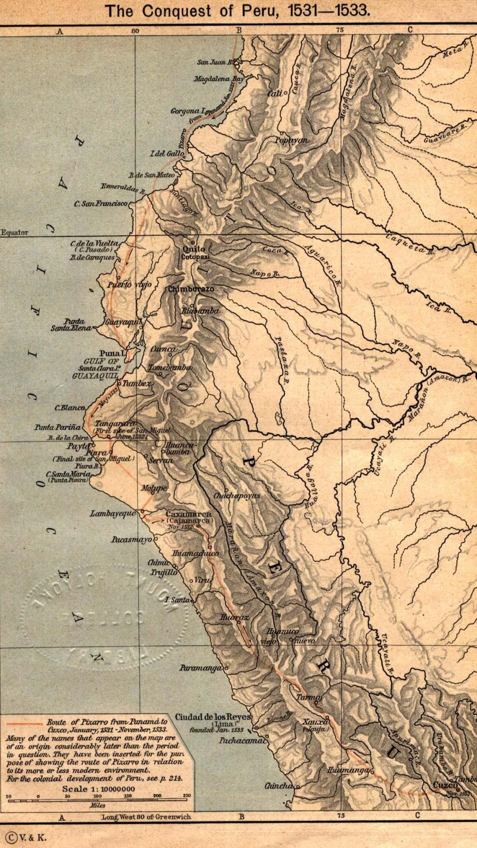 Mapa que muestra la ruta de la expedición encabezada por Pizarro durante la conquista del Perú, desde el inicio de su Tercer Viaje, hasta la llegada al Cuzco, la capital de los incas.