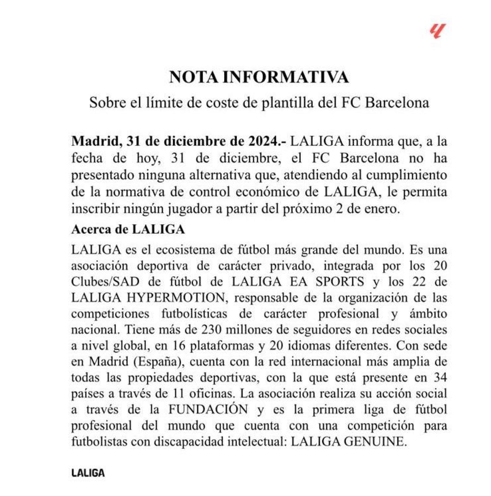 Comunicado de la Liga del 31 de diciembre sobre la inscripción de Dani Olmo en el Barça