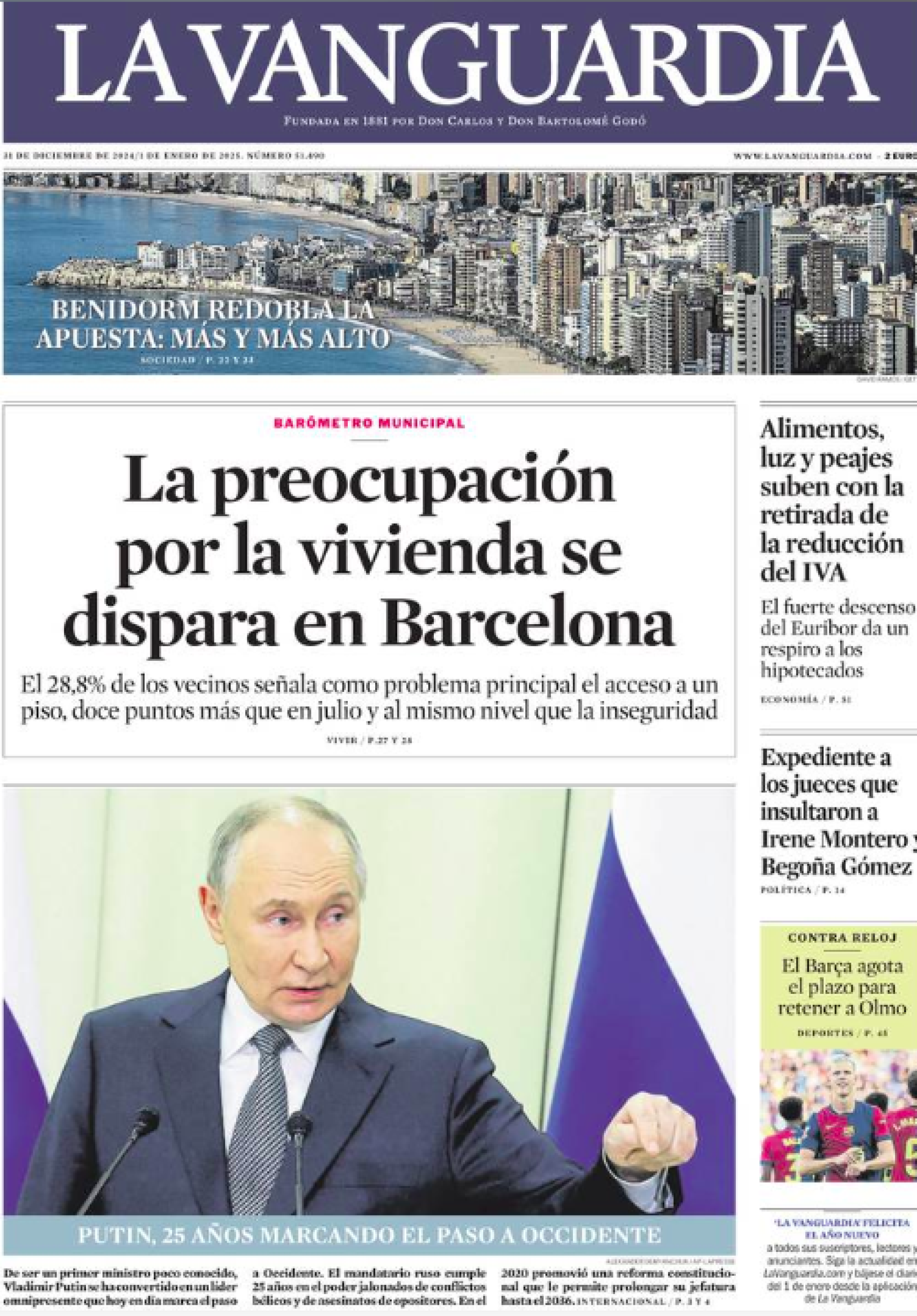 Portada de La Vanguardia a 31 de diciembre de 2024