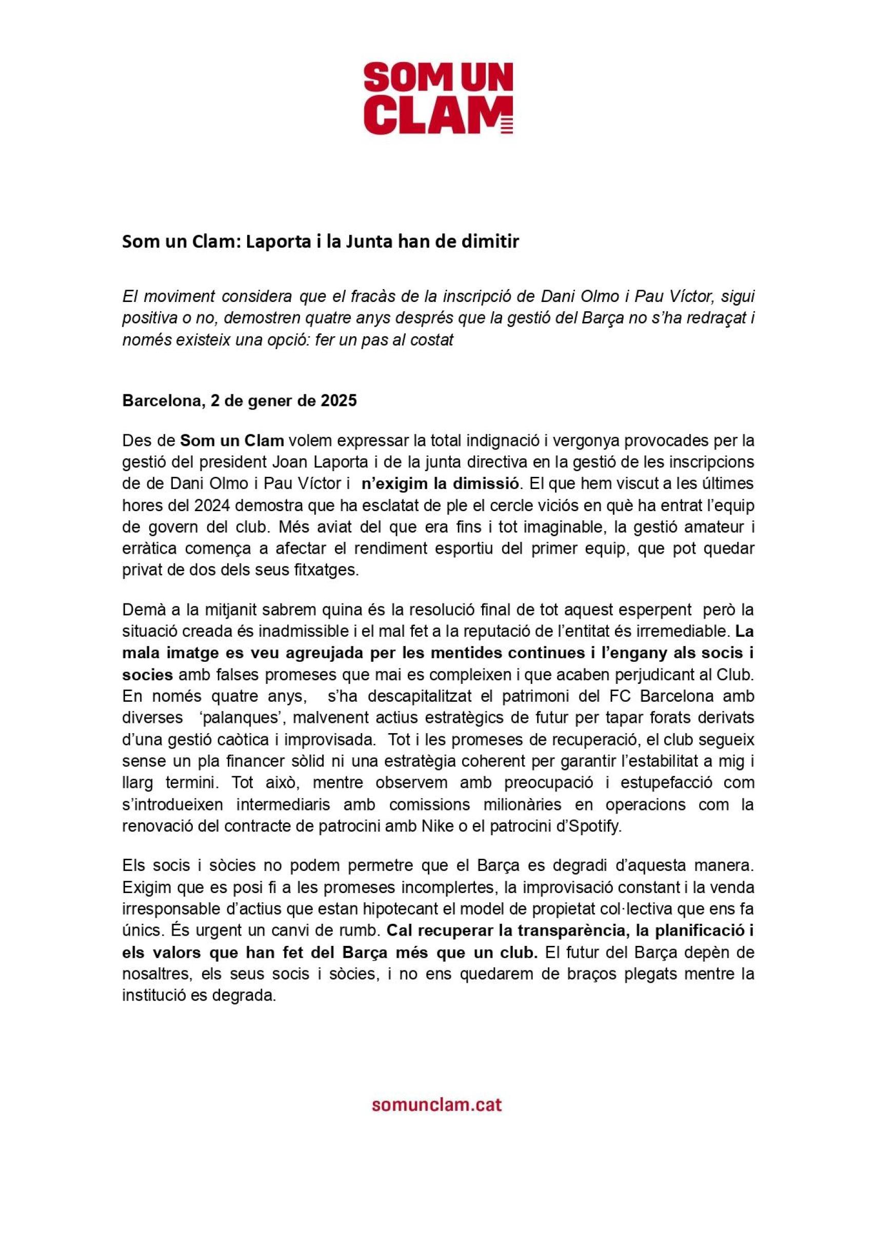 Comunicado oficial de Som un clam donde exige la dimisión de Joan Laporta (1)