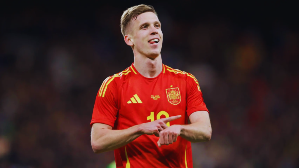 Dani Olmo y su emblemática celebración durante uno de sus goles con España